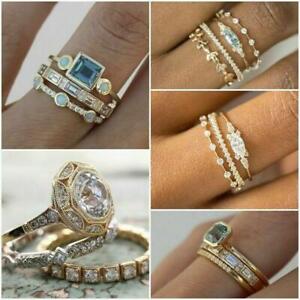 Women 925Silver Plated Ring White Zircon Engagement Bridal Rings Set Jewelry