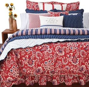 RALPH LAUREN VILLA MARTINE King BED SKIRT Red Blue Floral 17" DROP-SPLIT NEW - Picture 1 of 1