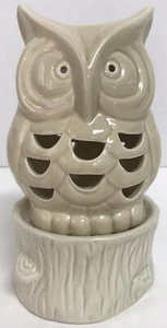 Yankee Candle Holder Owl Sitting on Tree Stump Ceramic Luminary 7" Ivory - Picture 1 of 8