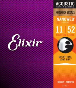 Elixir Acoustic Guitar Strings Nanoweb Phosphor Bronze 11-52 + 6 Guitar Picks - Picture 1 of 3