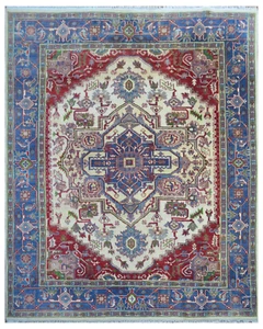Alfombra Serapi 8X10 decorativa hecha a mano azul marfil, alfombra de lana anudada a mano 17458 - Imagen 1 de 10