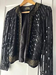 Gina Bacconi Creazioni Originali Black & gold Beaded Sequin Jacket 10 vintage - Picture 1 of 12
