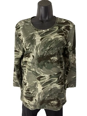 Nicki By Nicole Miller Top Womens M Abstract Floral Camo Embellished 3/4 Sleeves Foto 1 de 4