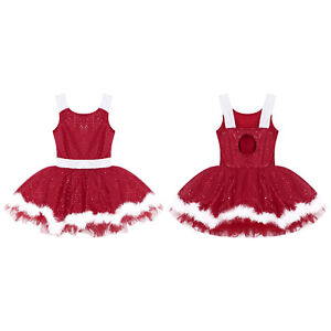 Girls Christmas Santa Claus Dress Suit Ice Skating Dress Rave Dance Tutu Dress