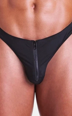 New HUSTLER Mens Blk Zipper Pouch Thong Swim Bikini Underwear sz M Swimsuit #201 - Image 1 of 4