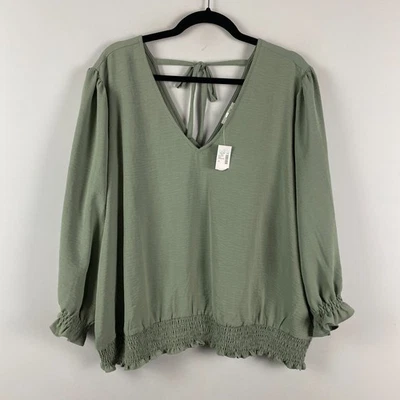 Maurices V Neck Tie Back Blouse Size 2X Green Puff Sleeve - Image 1 of 4
