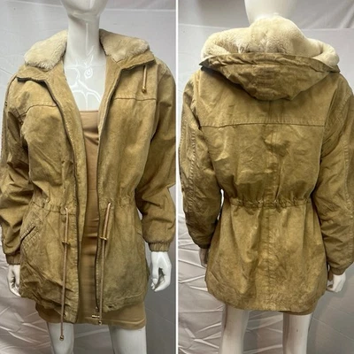 Chaqueta de cuero Colebrook vintage para mujer S Sherpa forrada con capucha bronceada gamuza años 90 Y2K Foto 1 de 4