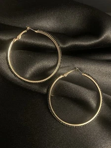 Women’s Gold Tone Round Black Beaded Casual Wear Hoop Earrings - Picture 1 of 4