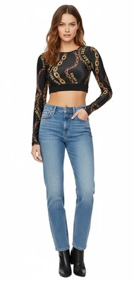 Blusa cropped Versace Jeans Couture preta/dourada manga longa estampa corrente - - Imagem 1 de 4