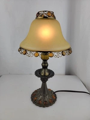 13.5"  Retro Amber Beaded Table Side  Lamp with Frosted Shade  - Image 1 of 4