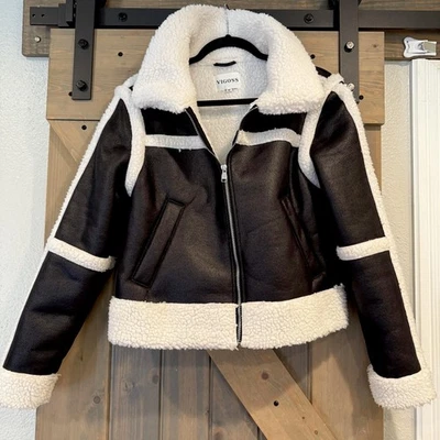 Chaqueta de aviador Vigoss para mujer mediana imitación piel de oveja forrada abrigo de moto sherpa Foto 1 de 4