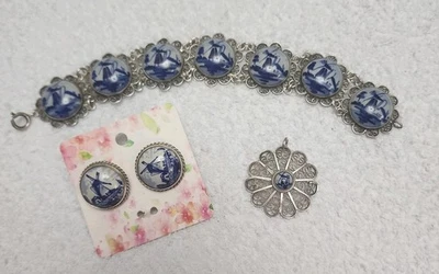Conjunto de brincos, pulseira e pingente vintage em prata esterlina - Imagem 1 de 4