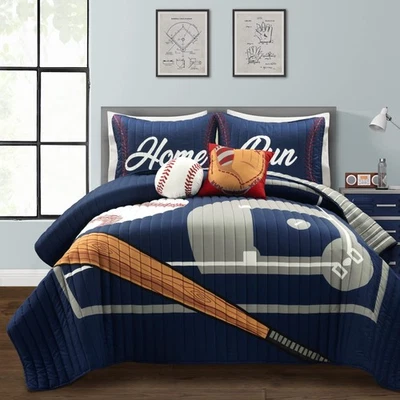 Baseball Game Reversible Quilt Queen Size 5 Piece Set Full/Queen Navy & Gray ... - Image 1 of 4