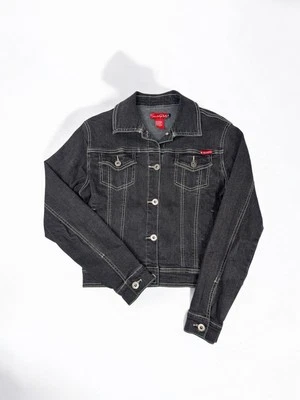 Chaqueta de mezclilla Y2K lavado oscuro para mujer talla pequeña ropa de calle grunge clásica talla S Foto 1 de 4