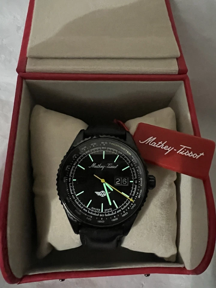 mathey tissot,DATE, Swiss made, Black leather band men’s watch,100M,MTWG9001102 - Image 1 of 4