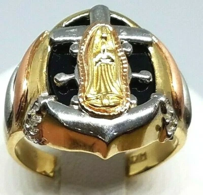 Sale GOLd 14k Mens ring virgin Mary lady guadalupe cross black 11 ask 10 9 12 13 - Image 1 of 4