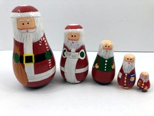 Vintage Christmas Wooden Painted Santa Claus Nesting Stacking Dolls 5 Piece Set