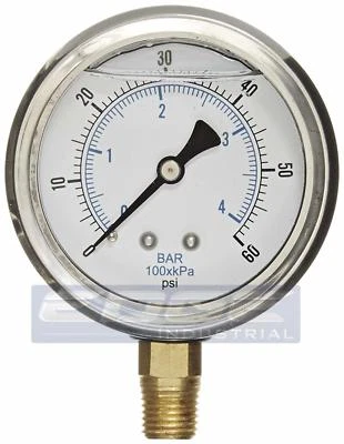 LIQUID FILLED PRESSURE GAUGE 0-60 PSI, 2.5" FACE, 1/4" NPT LOWER MOUNT WOG - Image 1 of 4