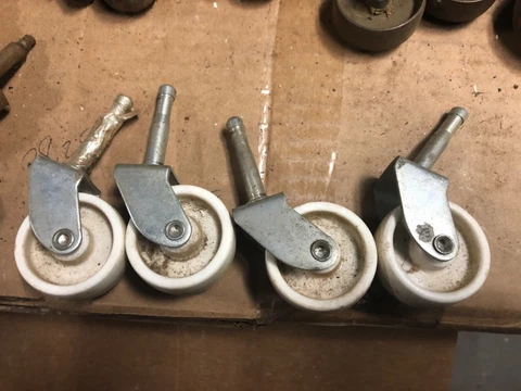 4 vintage plastic furniture casters - 1.5” pin & 1 5/8”!diameter white wheel Cover