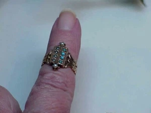 Victorian 14k c1885 Snake Eye Turquoise Blue Seed Pearl Rose Gold Ring Sz 4.75 - Picture 1 of 12