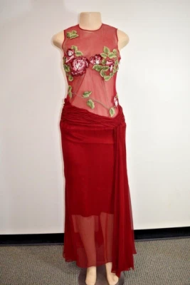 Designer RED Fancy Long Evening Floral Chiffon Dress Size 4 US On Sale nt - Image 1 of 4