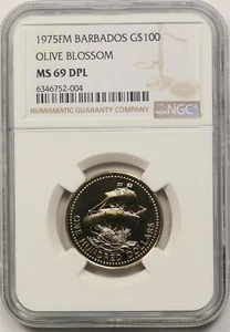 1975FM Barbados Olive Blossom Gold $100 NGC MS 69 DPL Pop 5/3 - Picture 1 of 4