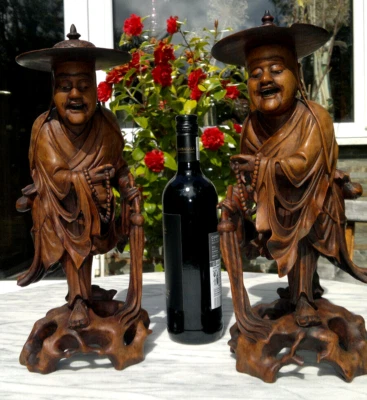 Large Pair of Antique 19thC Chinese Carved Travelling Buddhist Priests 40cm tall - Image 1 of 4
