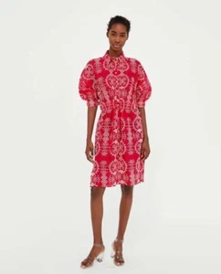 ZARA Dress Small Red Cotton Broderie Anglaise Buttoned Collar Button Through - Picture 1 of 24