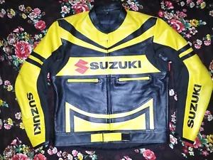 Suzuki Yellow/Black Motorcycle Leather Jacket Motorbike Jacket 54 XL Size/ US 44 - Picture 1 of 4