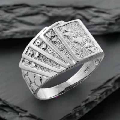 Sterling Silver Royal Flush Poker Nugget Ring | Casino Gaming Statement Jewelry - Image 1 of 4