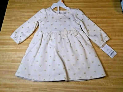 BNWT Carter's Baby Girl Size 12 Months Cotton Blend Ivory Gold Heart Dress Set - Image 1 of 3