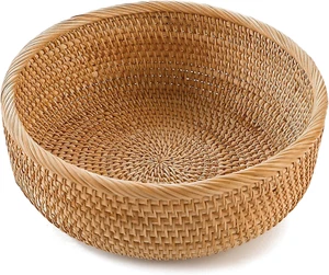 Handmade Rattan Bread Baskets round Wicker Fruit Serving Storage Bowls, Natural - Picture 1 of 12