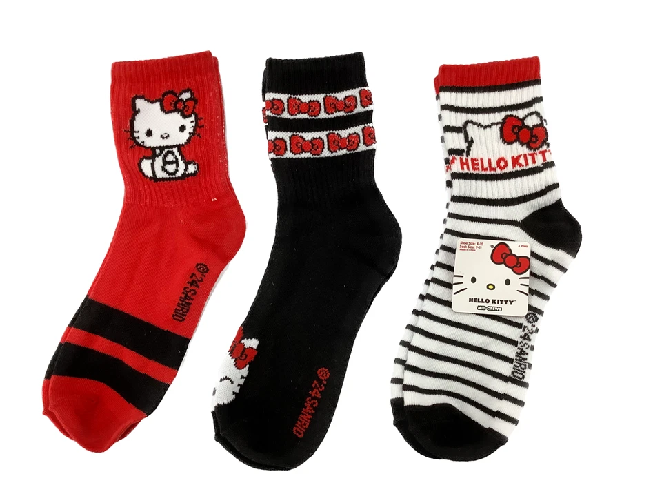 Paquete de 3 calcetines Hello Kitty Mid-Crew rojos negros blancos nuevos con etiquetas Foto 1 de 1