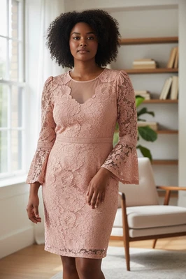 Tadashi Shoji Pink Cocktail Dress Lace Sheath Dress with Belle Sleeves Size 14 - Image 1 of 4