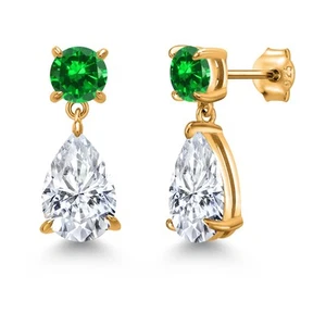 18K Yellow Gold Plated Silver Created Emerald Earrings Set with Moissanite - Picture 1 of 4