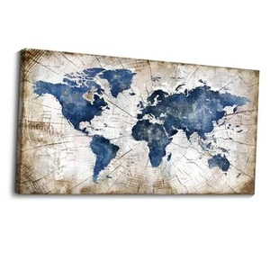 World Map Canvas Wall Art Abstract Navy World Maps for Wall Vintage Modern  - Picture 1 of 6