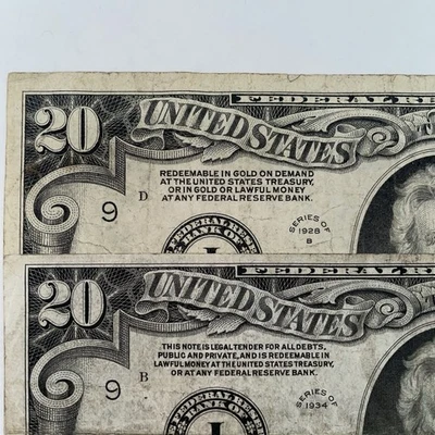 1928 $20 Dollar Bill & 1934 20 Dollar Federal Reserve Notes “Redeemable In Gold” - Image 1 of 4
