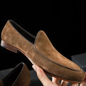 Mocasines de gamuza marrón hechos a mano para hombre estilo italiano zapatos de vestir sin cordones para formales - Imagen 1 de 4