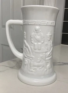 Vintage Federal White Milk Glass 6" Beer Mug Stein Tankard Embossed Tavern Scene - Picture 1 of 7