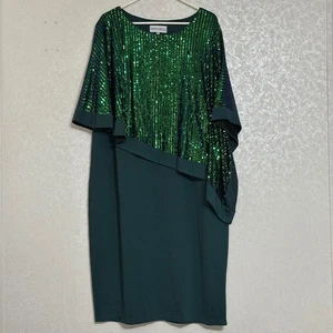 Hanna Nikole Sleeveless Sheath Dress Green Sequin Cape Overlay Midi Plus Sz 22W - Picture 1 of 8