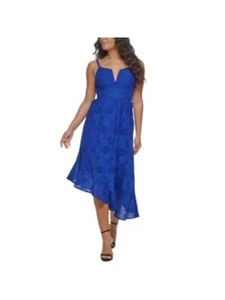 GUESS Womens Blue Padded Bust Lined Asymmetric Hem Spaghetti Strap Split Dress 6 - Picture 1 of 3