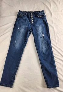 Enjean Jeans 13 Women Blue Denim Distressed High Rise Button Fly Skinny Casual - Picture 1 of 13