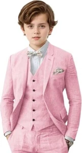 Boys Linen Suit 3 Piece Slim Fit Summer Beach Wedding Suit Kids Tuxedo Jacket - Picture 1 of 40