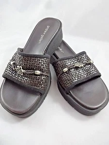 Andrew Geller Danny Black Leather Woven Embellished Sandals Slides Sz 8.5M - Picture 1 of 6