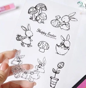 Happy Easter Crafting Rubber Stamps Greetings Bunny Egg Rabbit Mushrooms Flower - Picture 1 of 2