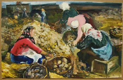 Ucraniano Soviético URSS Gouache Pintura Socrealismo Mujeres Campesinas Cosecha de Patatas Foto 1 de 2