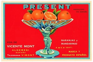 ETIQUETA CAJA ORIGINAL ESPAÑA ESPAÑOLA VINTAGE AÑOS 50 PRESENTE ALGEMESI NARANJAS - Imagen 1 de 1