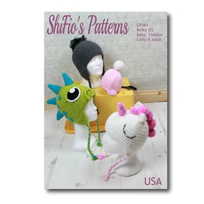 Crochet Pattern for Unicorn, Dinosaur Hat, Helmet, Beanie, Chunky, 4Sizes, CP361 - Image 1 of 4