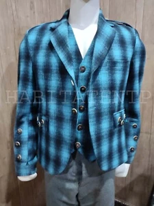 Custom Made Scottish Traditional Blue Crail Tweed Argyll Kilt Jacket and Vest - Picture 1 of 10