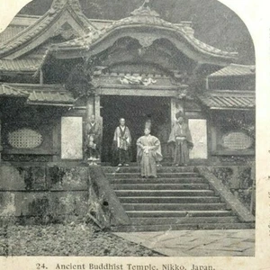 Nikko,Japan Photo Stereoscope Card Antique Ancient Buddhist Temple Religious Men - Picture 1 of 7